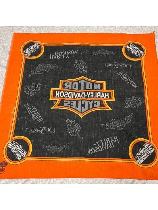 Vtg Harley Davidson Bandana 50/50 Made In USA Orange Black Emblems Official - Picture 4 of 4